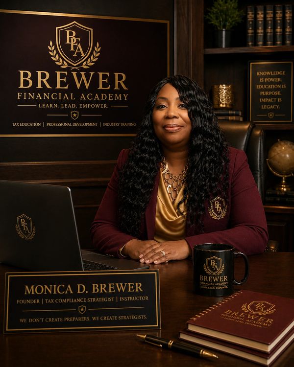Monica D. Brewer at her desk in Brewer Financial Academy office.
