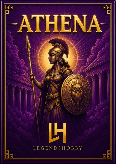 Illustration of Athena, Greek goddess of wisdom and war, with spear and owl shield.