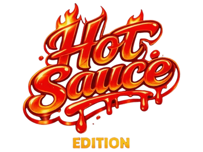 Flaming hot sauce edition text with fiery design and dripping effect.