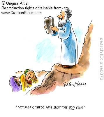 Cartoon of Moses holding the ten commandments on Mount Sinai.