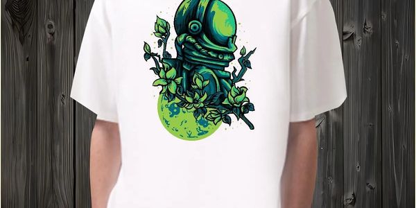 White t-shirt with a vibrant green and blue robot and plant design.