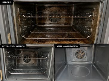Before and after images showing a dirty oven cleaned to look spotless inside and at the bottom.