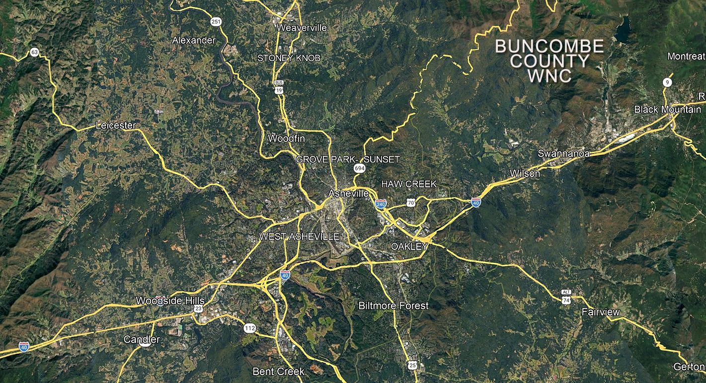Satellite map showing Asheville and nearby areas with major roads and highways.