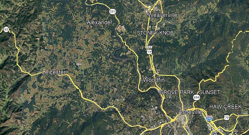 Satellite map showing Asheville and nearby areas with major roads and highways.
