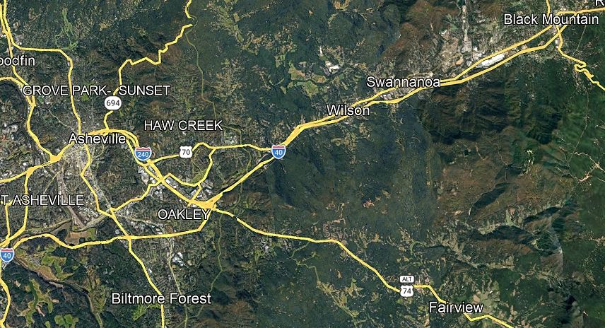 Satellite map showing Asheville and nearby areas with major roads and highways.