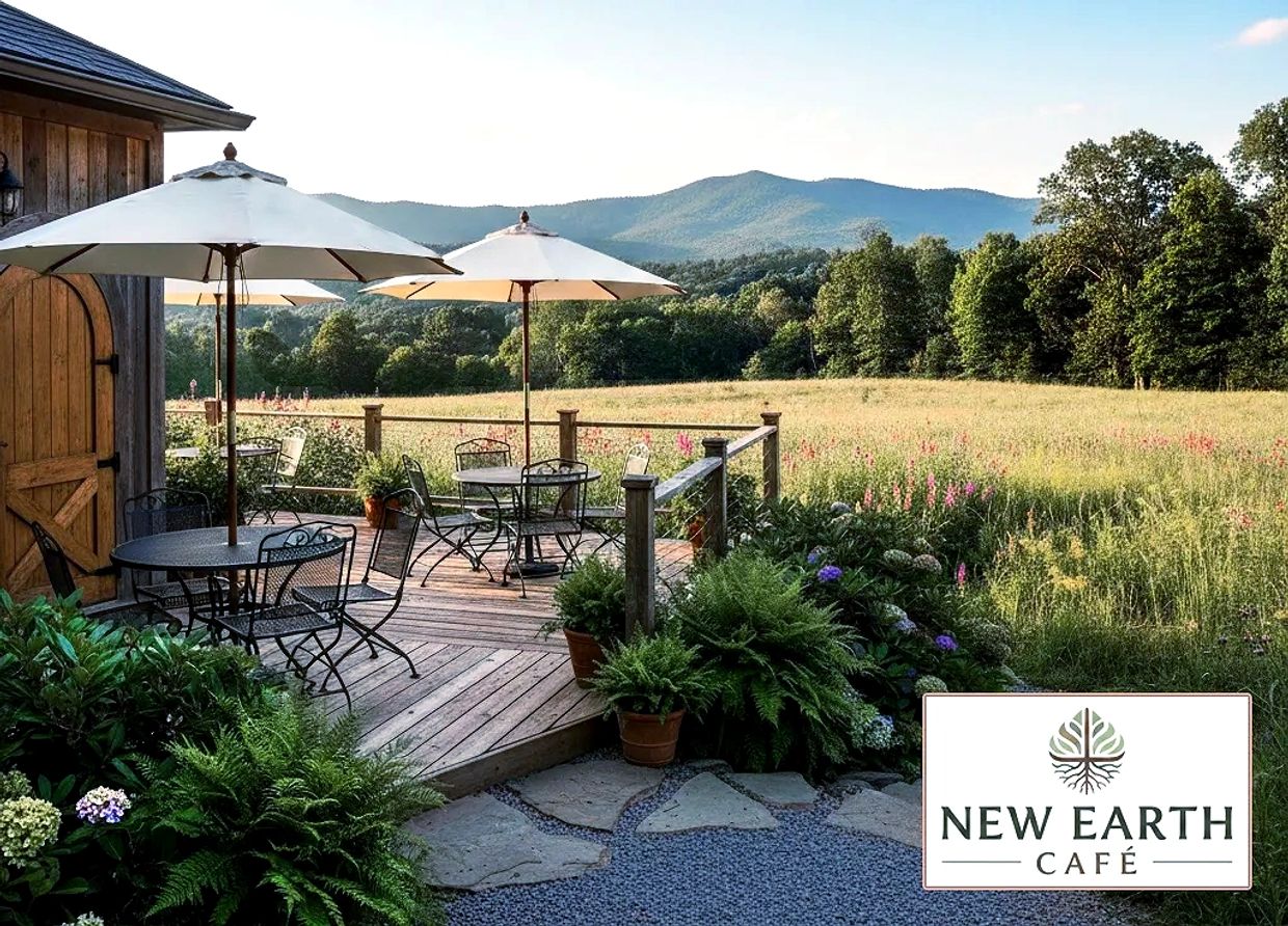 Outdoor seating area with umbrellas overlooking a scenic field and mountains at New Earth Café.