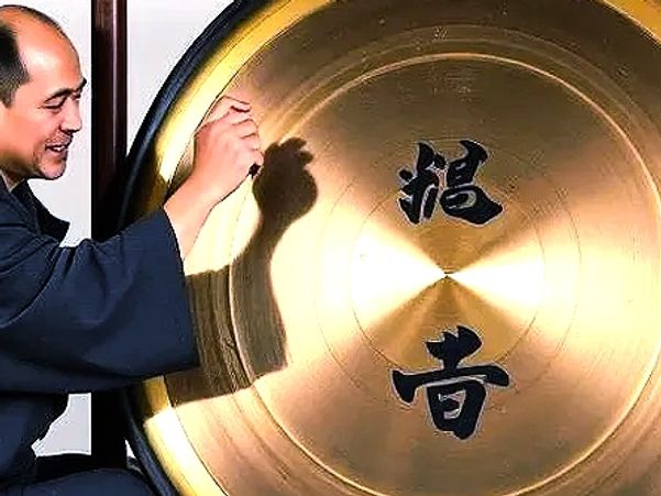 Man striking a large golden gong with Chinese characters.