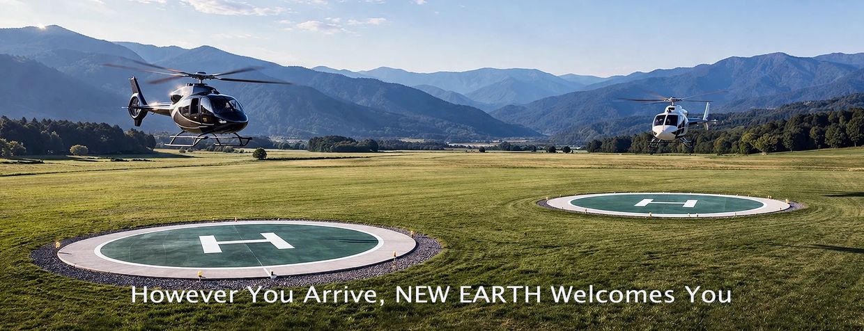 Two helicopters flying above helipads on a grassy field with mountains in the background.