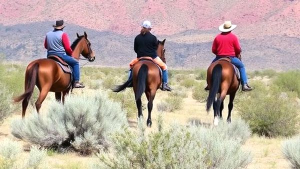 Three riders on horseback in a desert landscape.