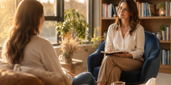 Two women in a cozy therapy session.