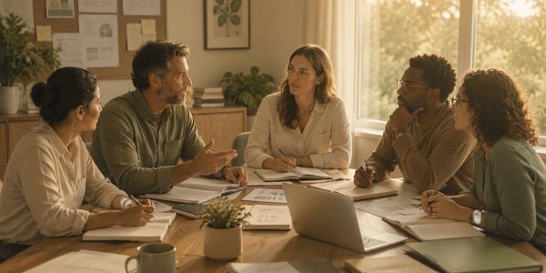 Five colleagues having a discussion in a meeting room.