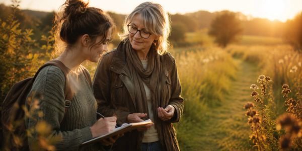Two women outdoors, one writing, the other observing.