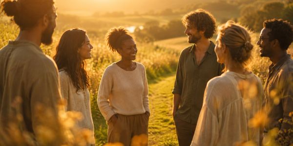 Group of friends chatting in a sunlit field.