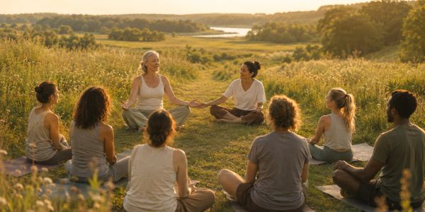 Group meditation session outdoors at sunset.