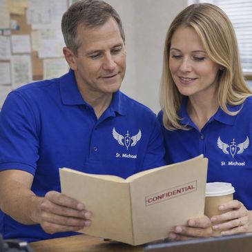 Two people studying a confidential file.