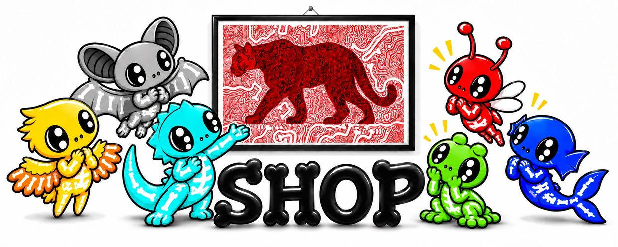 Colorful skeleton creatures around the word SHOP.
