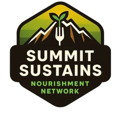 Logo with mountain, fork, and plant symbolizing sustainable nourishment.
