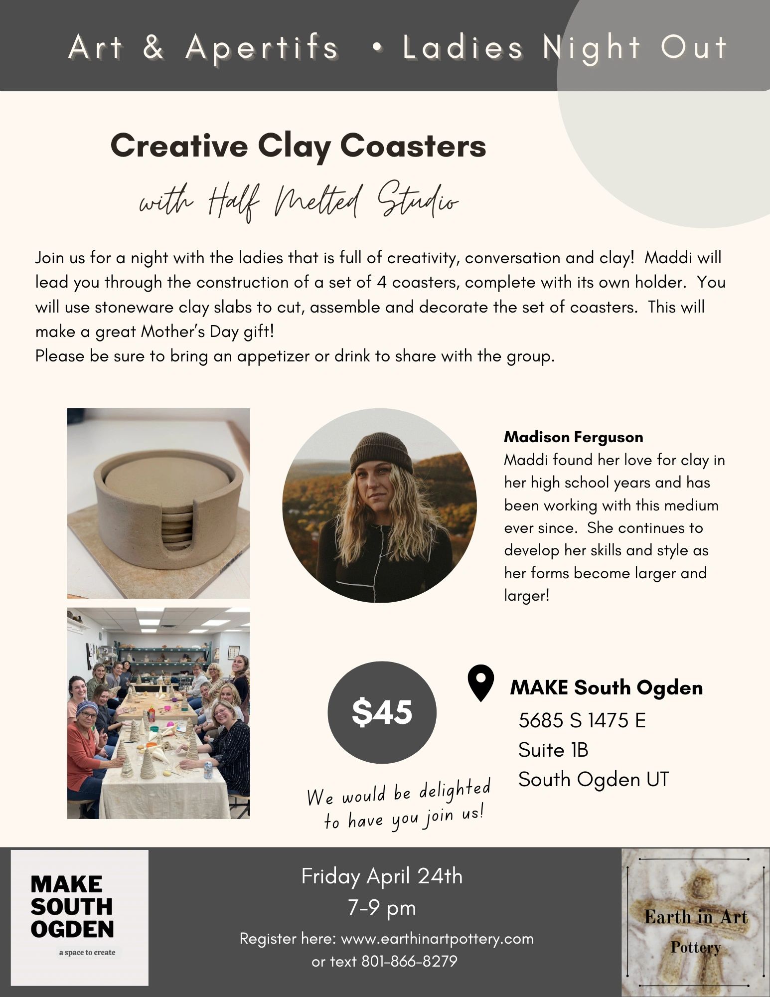 pottery workshop ladies night out ogden utah april 2026