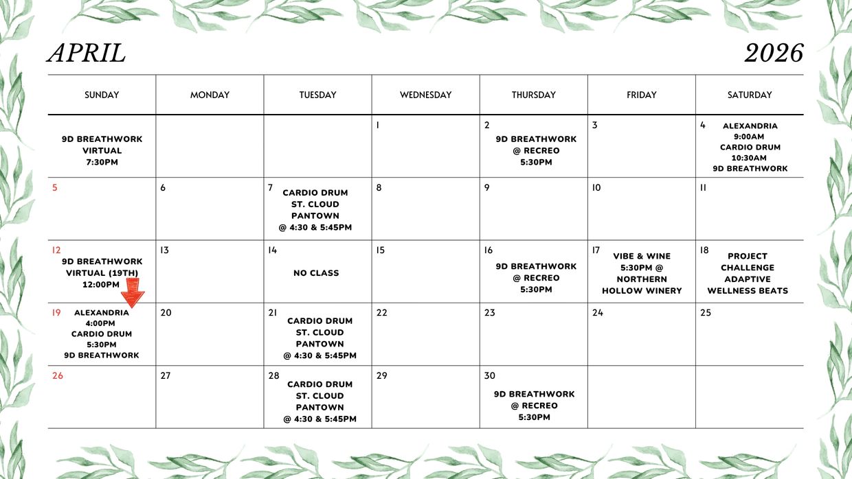April 2026 calendar with scheduled 9D Breathwork and Cardio Drum classes.