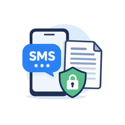 Graphic showing SMS message security with phone, message, and lock shield.