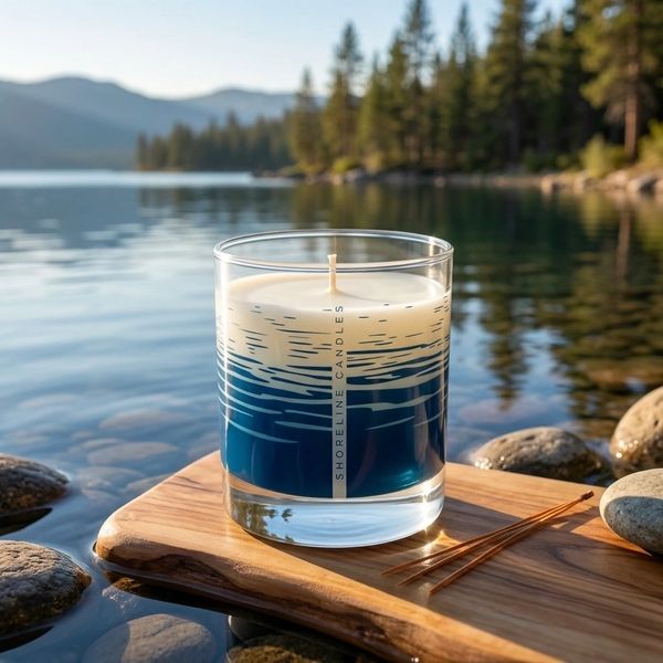 A Shoreline Candles glass candle by a serene lake with trees and mountains in the background.