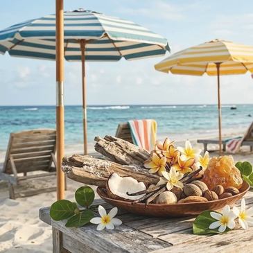 Beachside setup with tropical flowers, nuts, and driftwood under umbrellas.