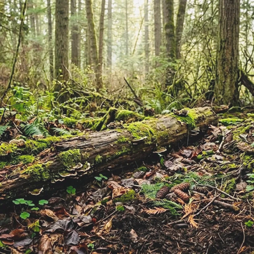 A moss-covered fallen log in a dense, green forest.