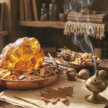 Amber resin with incense and aromatic spices in a cozy rustic setting.