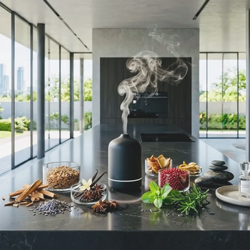 A modern kitchen with a diffuser emitting mist surrounded by herbs and spices.