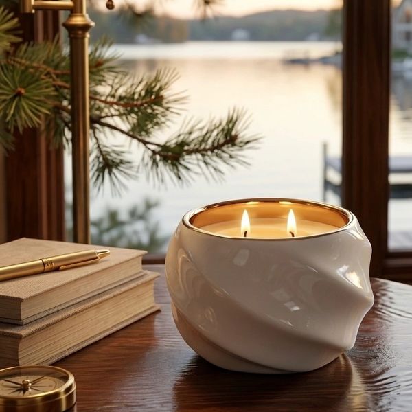 A lit candle in a white sculpted holder on a wooden table by a lakeside window.