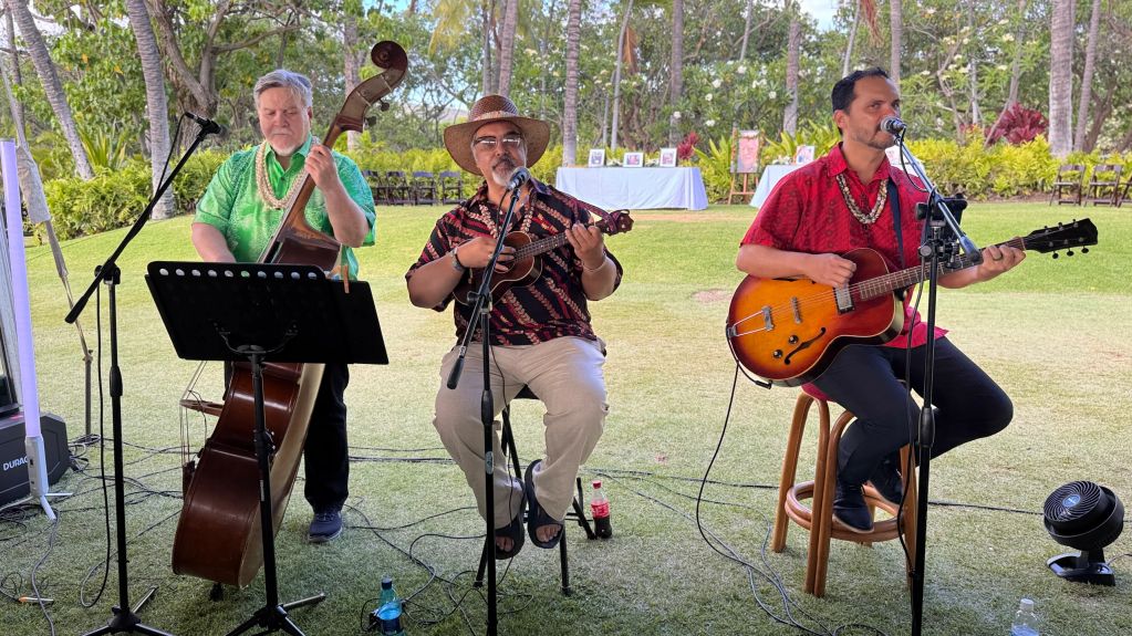 Three musicians performing outdoors with string instruments.