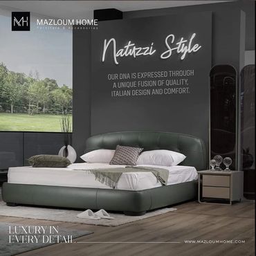 Mazloum Home Natuzzi Style bed with green upholstered frame, showcasing Italian design and comfort