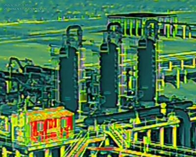 Thermal image of an industrial plant with multiple structures and machinery.