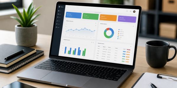 Laptop displaying analytics dashboard on a desk.