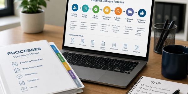 Laptop shows order to delivery process next to an operations manual and SOP notes.