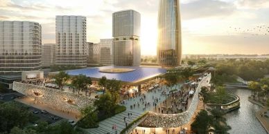 Sunshine Coast Athletes Village 2032 Modern urban complex with tall buildings and green spaces.