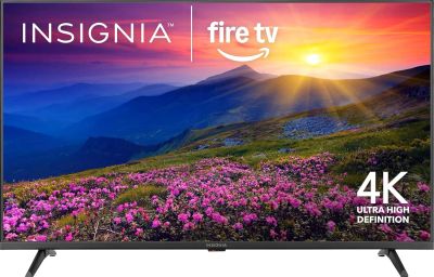 Insignia Fire TV displaying a vibrant mountain sunset in 4K Ultra HD.