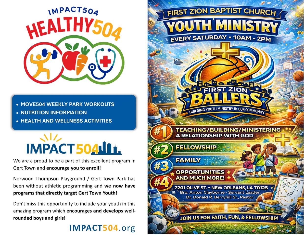 Flyers promoting youth health and ministry programs in Gert Town and New Orleans.
