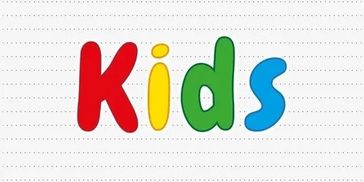 Colorful word 'Kids' in playful font on lined background.