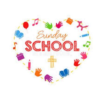 Colorful heart-shaped Sunday School logo with symbols and a cross.