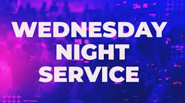 Bright text announcing Wednesday Night Service on a purple-blue background.