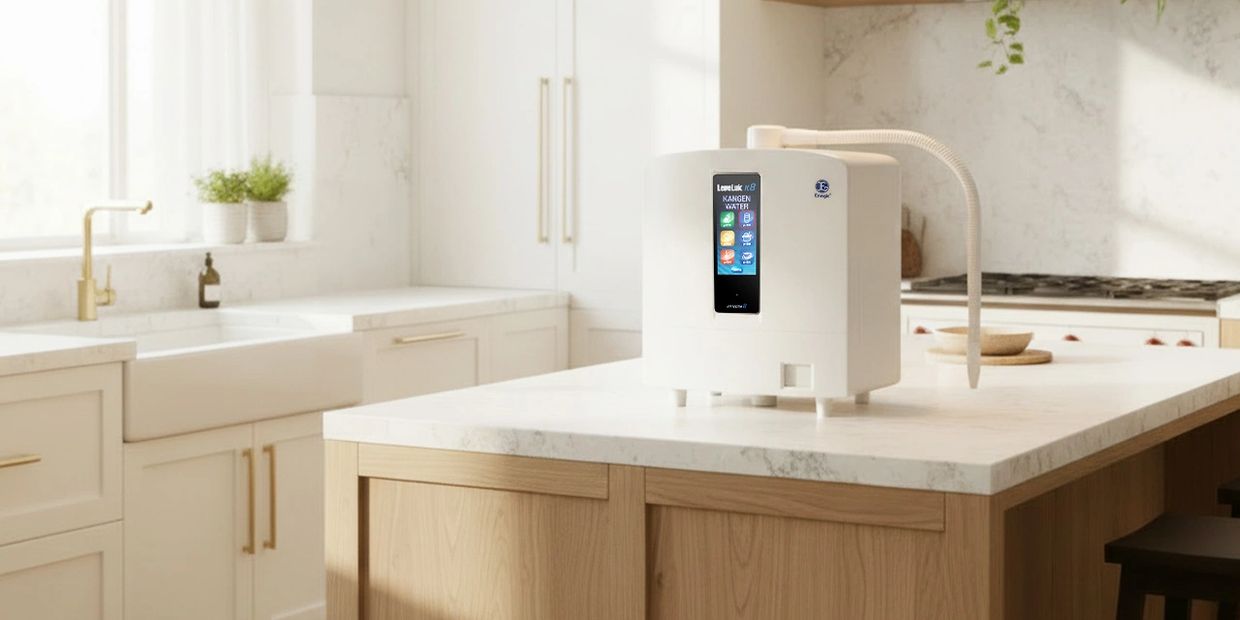 Modern kitchen with a water ionizer on the marble countertop.