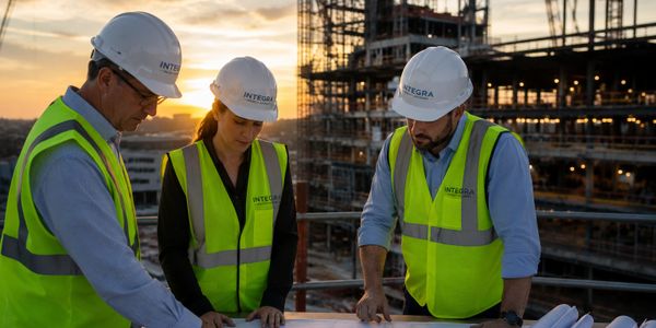 Three construction workers in safety gear reviewing plans at sunset.