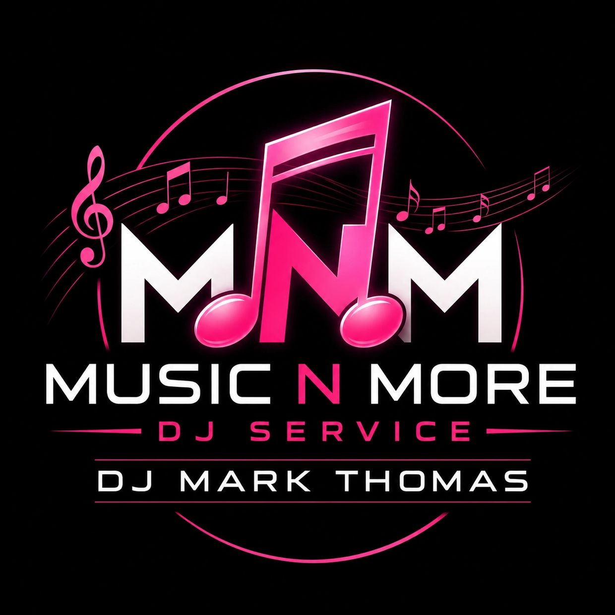 Logo for Music N More DJ Service by DJ Mark Thomas with musical notes.