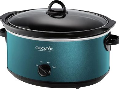 Teal Crock-Pot slow cooker with black lid and dial.