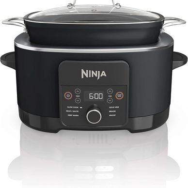 Black Ninja slow cooker with digital timer and glass lid.