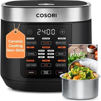COSORI rice cooker with ceramic non-stick coating and recipe booklet.