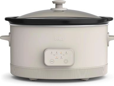 Cream-colored slow cooker with glass lid and digital controls.