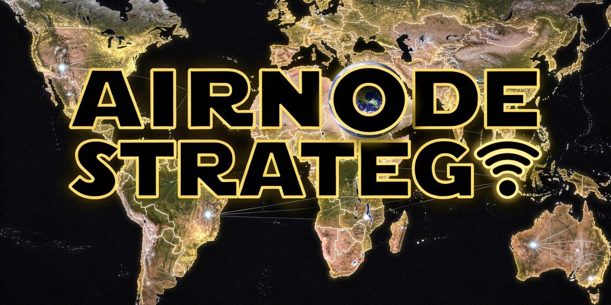 Text 'AIRNODE STRATEG' over a night view world map with communication nodes.