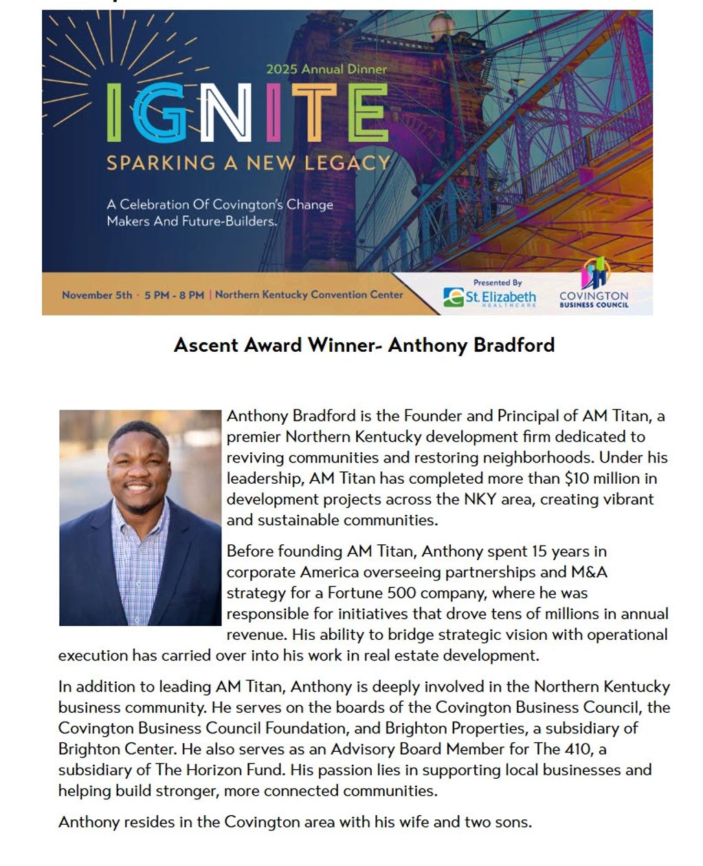 Anthony Bradford wins Ascent Award for leadership in Northern Kentucky development.